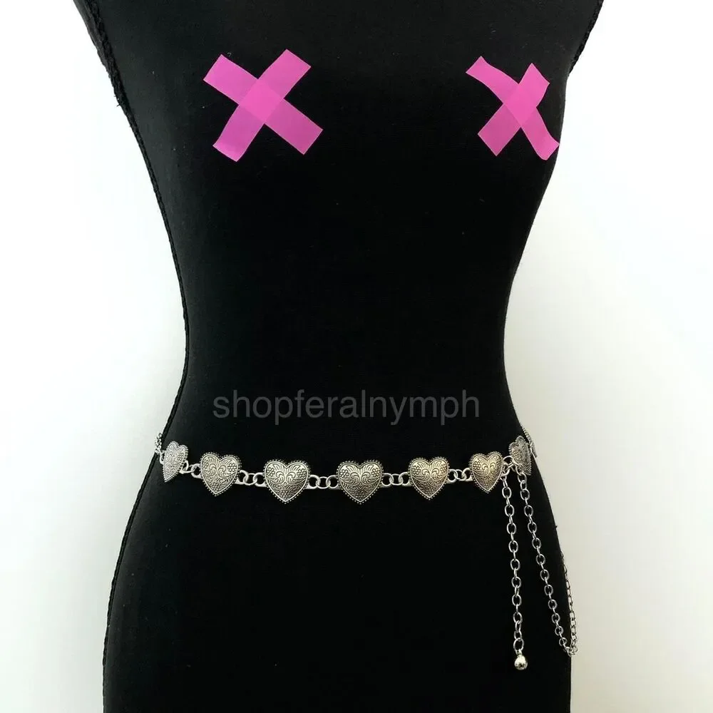 Vintage Y2K Ornate Silver Heart Chain Belt, Fits 13.5–44.5 Inches, X7GA1223